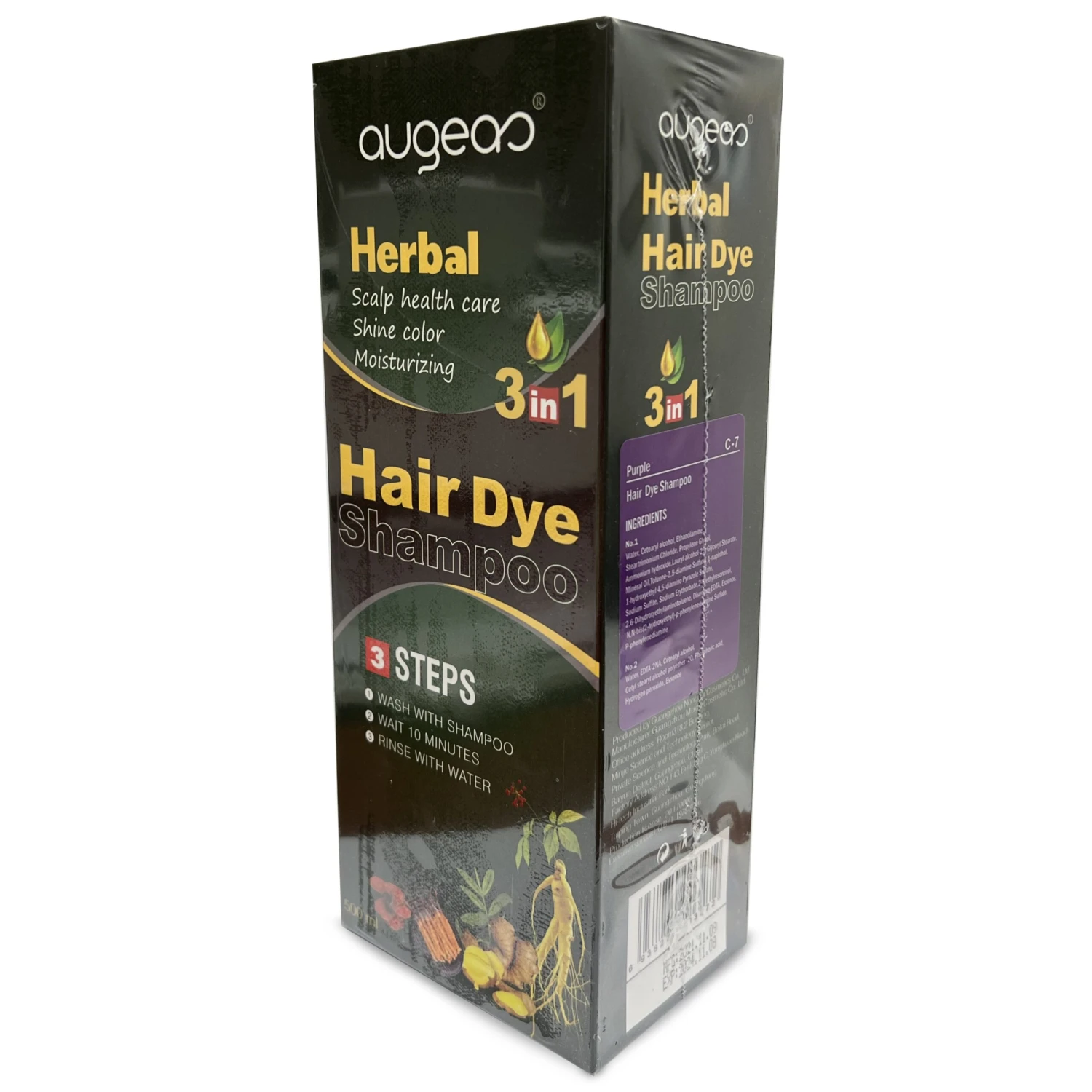 Purple Hair Color Shampoo 3 In 1 | 500ml / 16.9 Fl Oz | Herbal Ingredients | Instant 100% Grey Hair Coverage | AUGEAS 1 Purple Hair Color Shampoo 3 In 1 | 500ml / 16.9 Fl Oz | Herbal Ingredients | Instant 100% Grey Hair Coverage | AUGEAS